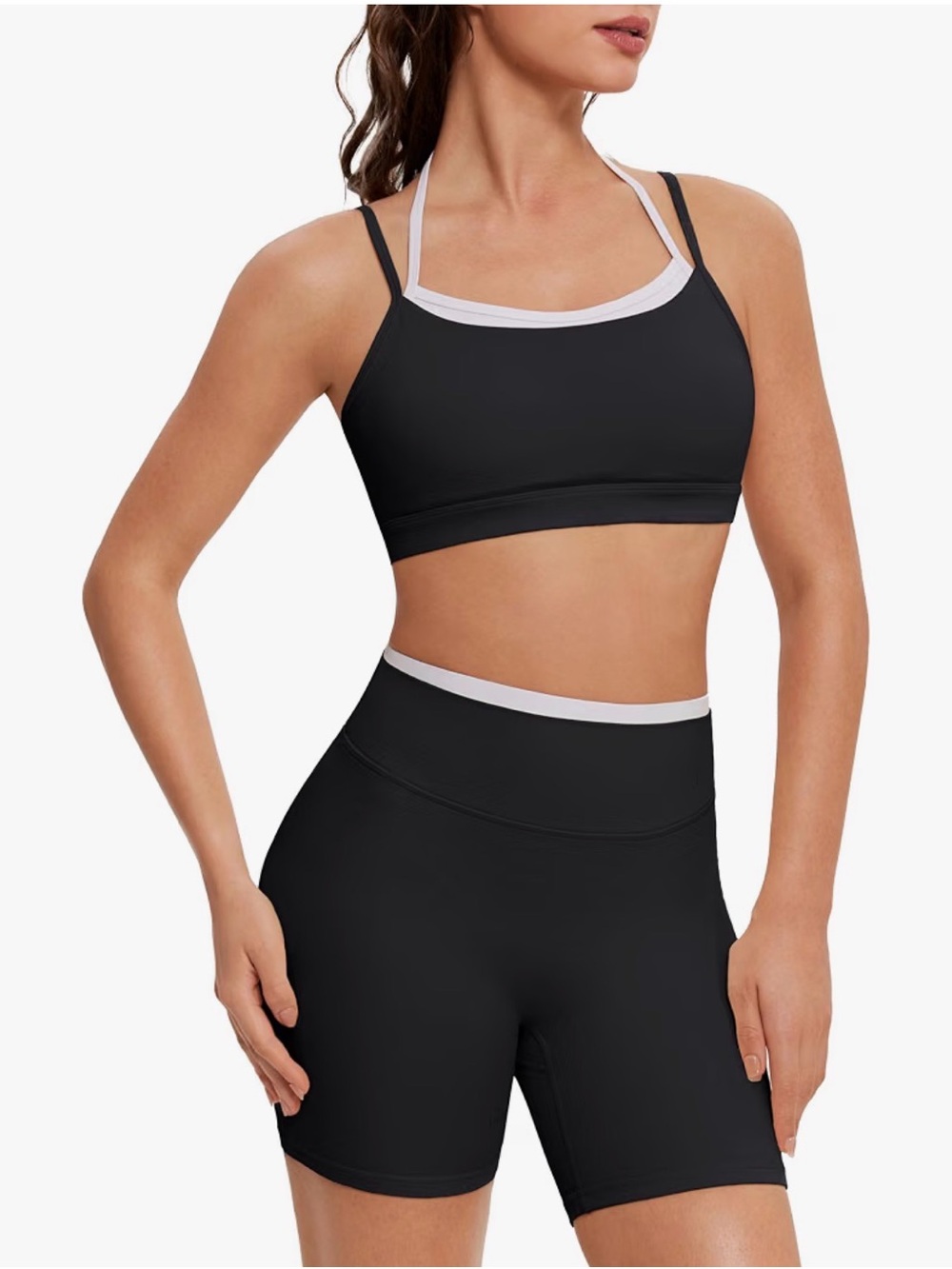 Black Contrast-Trim Sports Bralette & High-Waist Shorts Set